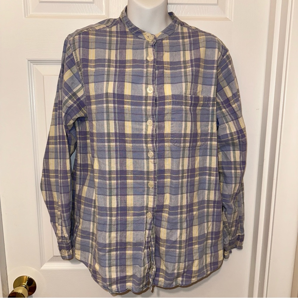 L.L.Bean Women’s M Light Blue Lavender Yellow Plaid Linen Shirt Mandarin Collar - Picture 9 of 11